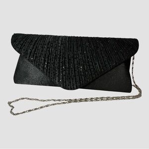 Black Satin Evening Bag Clutch with Chain Strap Sequins Snap Closure 10” L